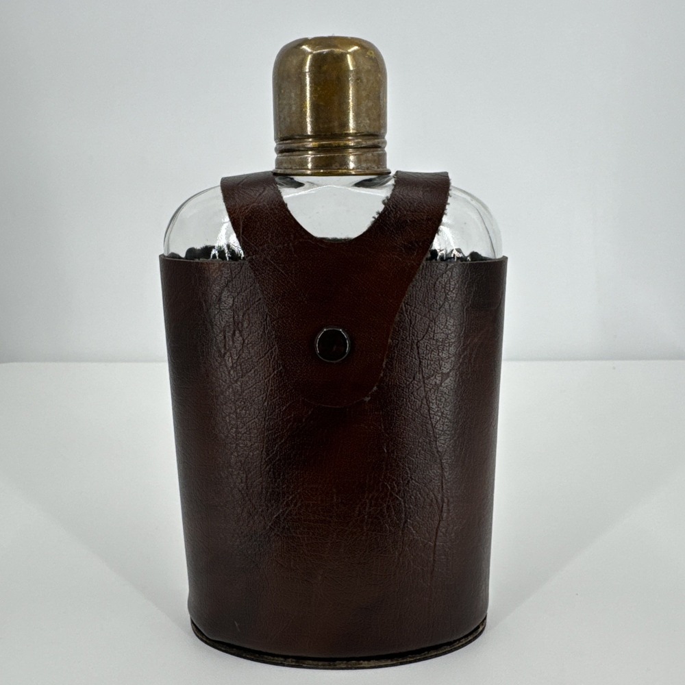Hickok Travel Glass Flask‎ Split Brown Vinyl Whiskey Sip Nip 7.5" Vintage